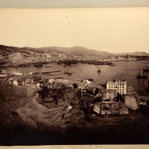 TIRAGE PHOTO	ALBUMINE 1880	ITALIE GENES PANORAMA DU PORT 22X27cm